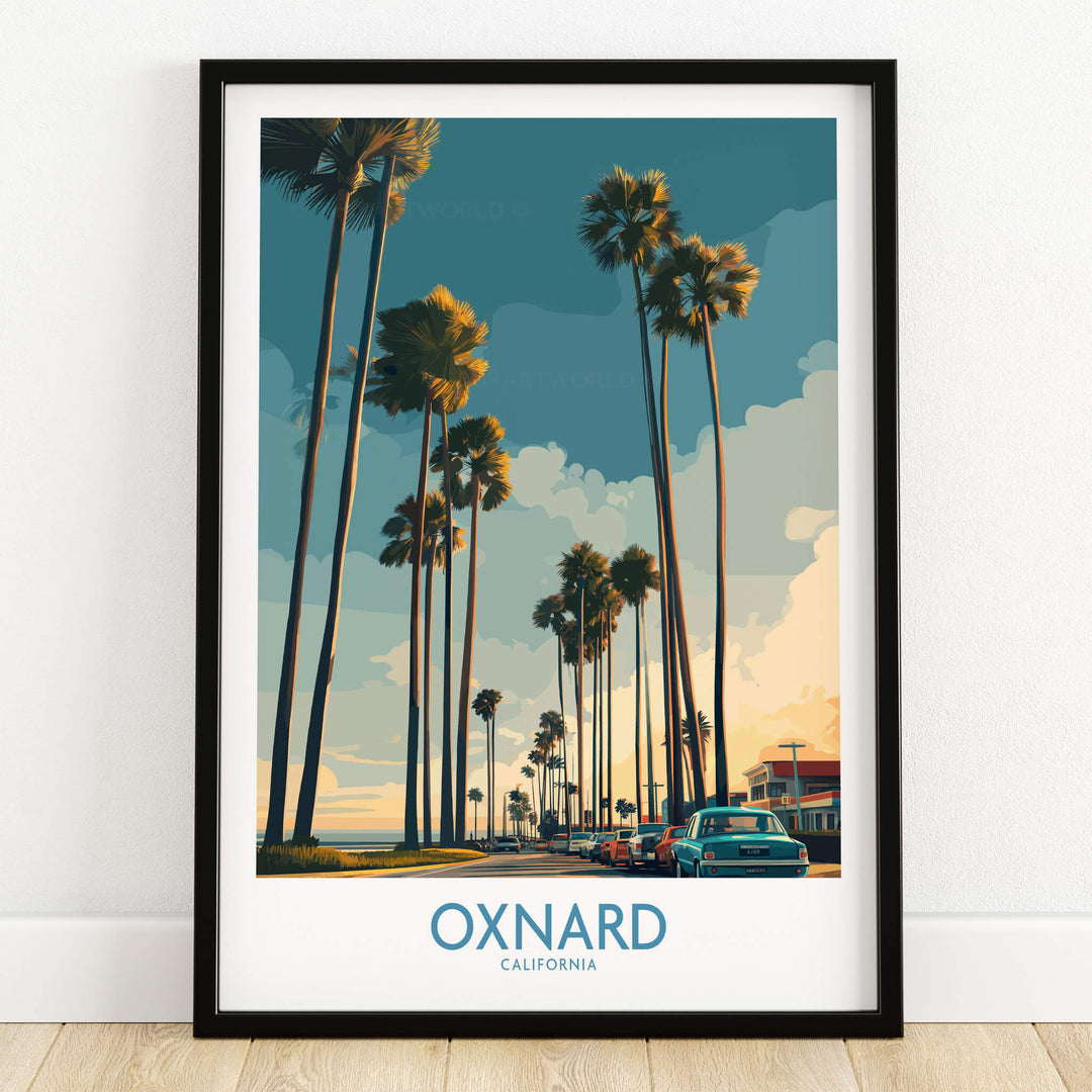 Oxnard California Poster | Vintage Beach Town Street Scene Canvas Print featuring a sunny palm-lined avenue.