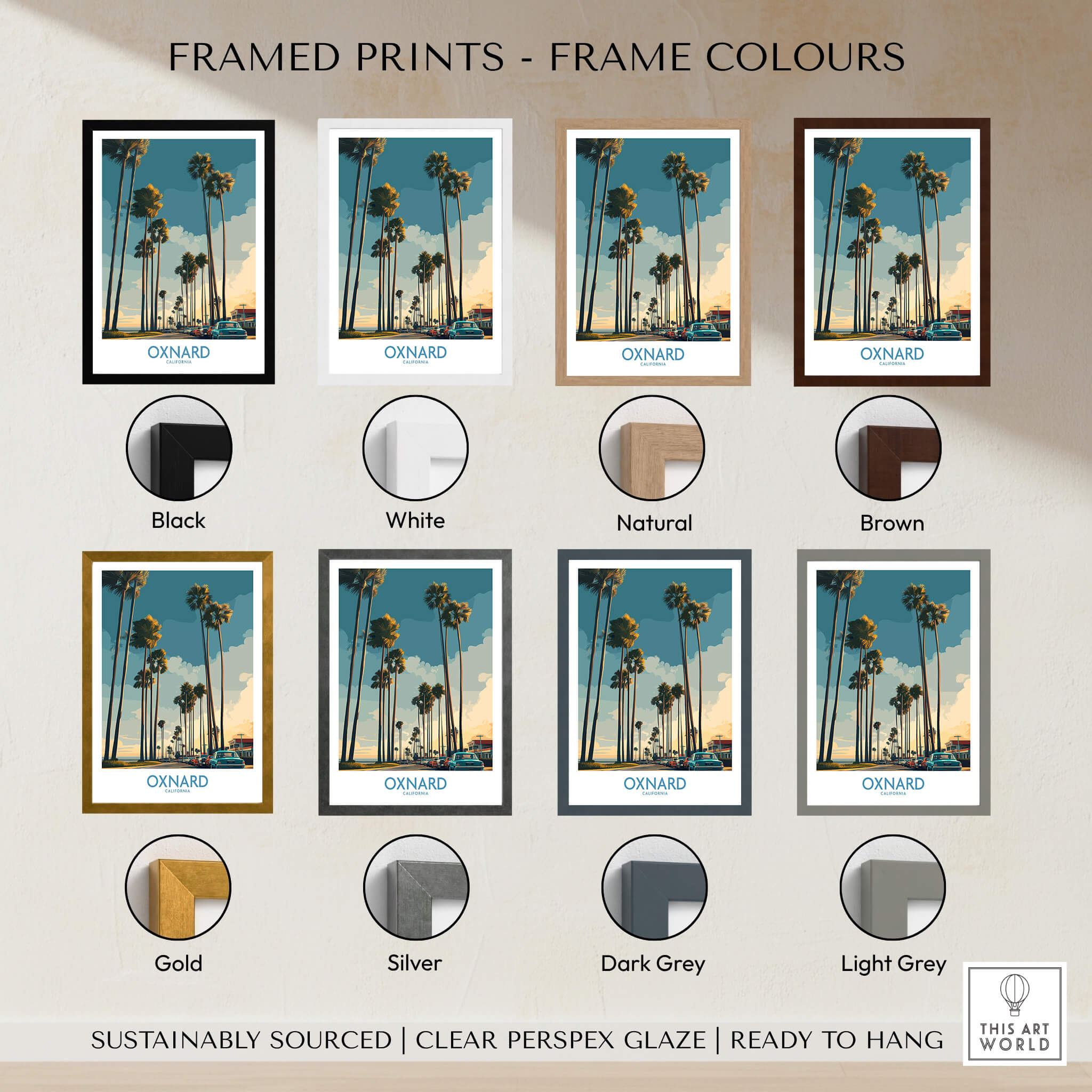 Oxnard California Poster | Vintage Beach Town Street Scene Canvas Print with various frame colors options.