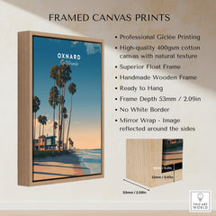 Oxnard California Wall Art Print | Pacific Coast Palms Travel Poster framed canvas print with wooden frame.