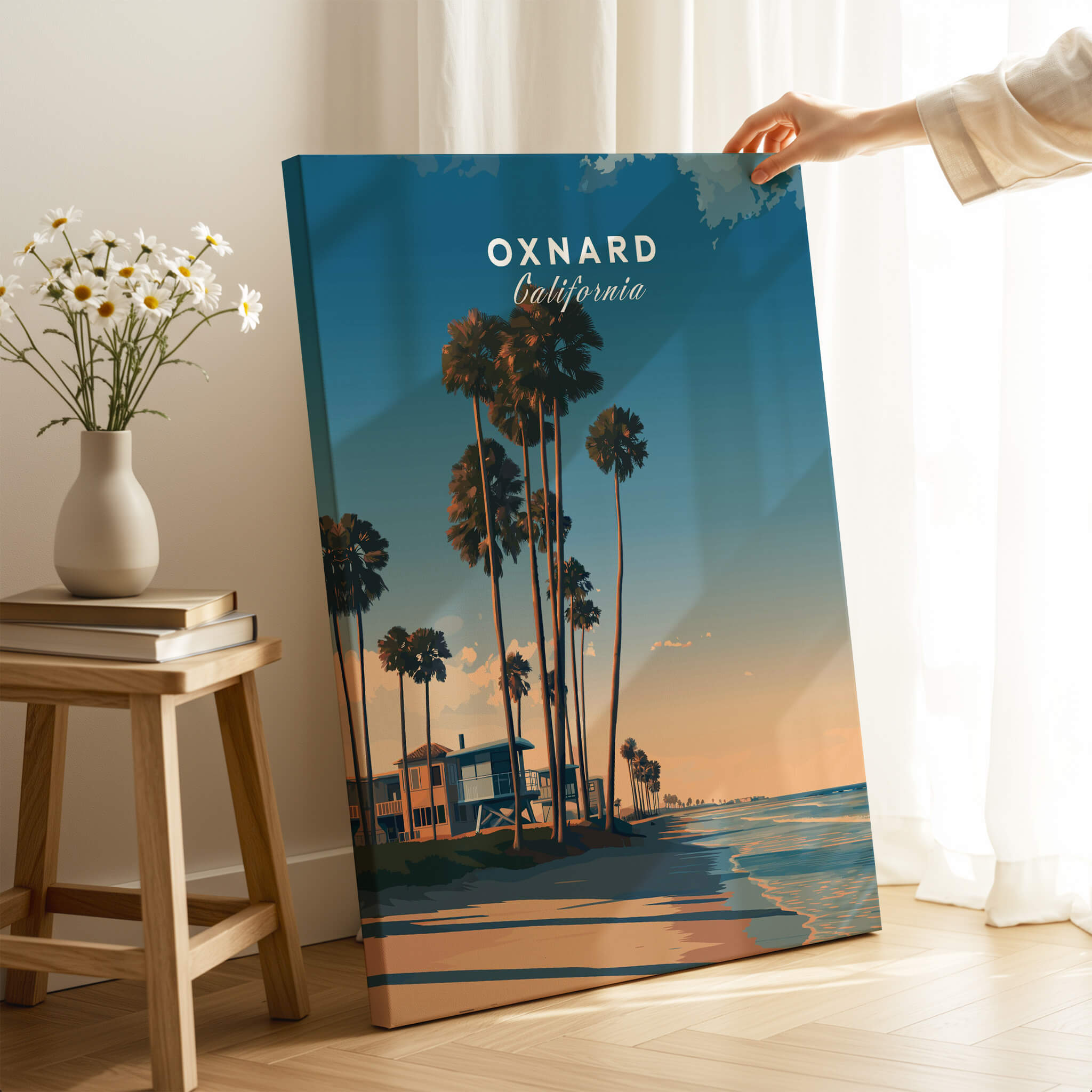 Oxnard California Wall Art Print | Pacific Coast Palms Travel Poster displayed in a bright room with a flower vase.