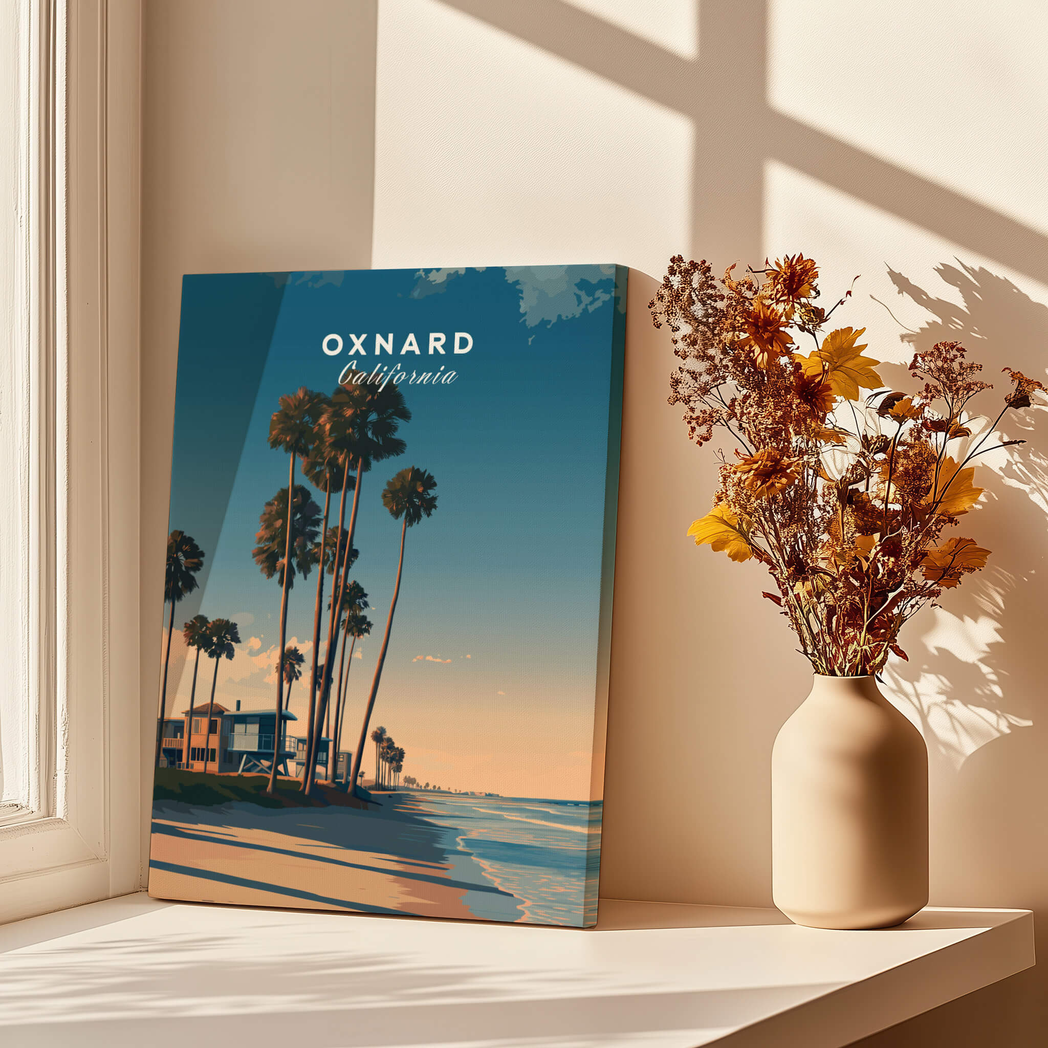 Oxnard California Wall Art Print | Pacific Coast Palms Travel Poster displayed near a vase with flowers.