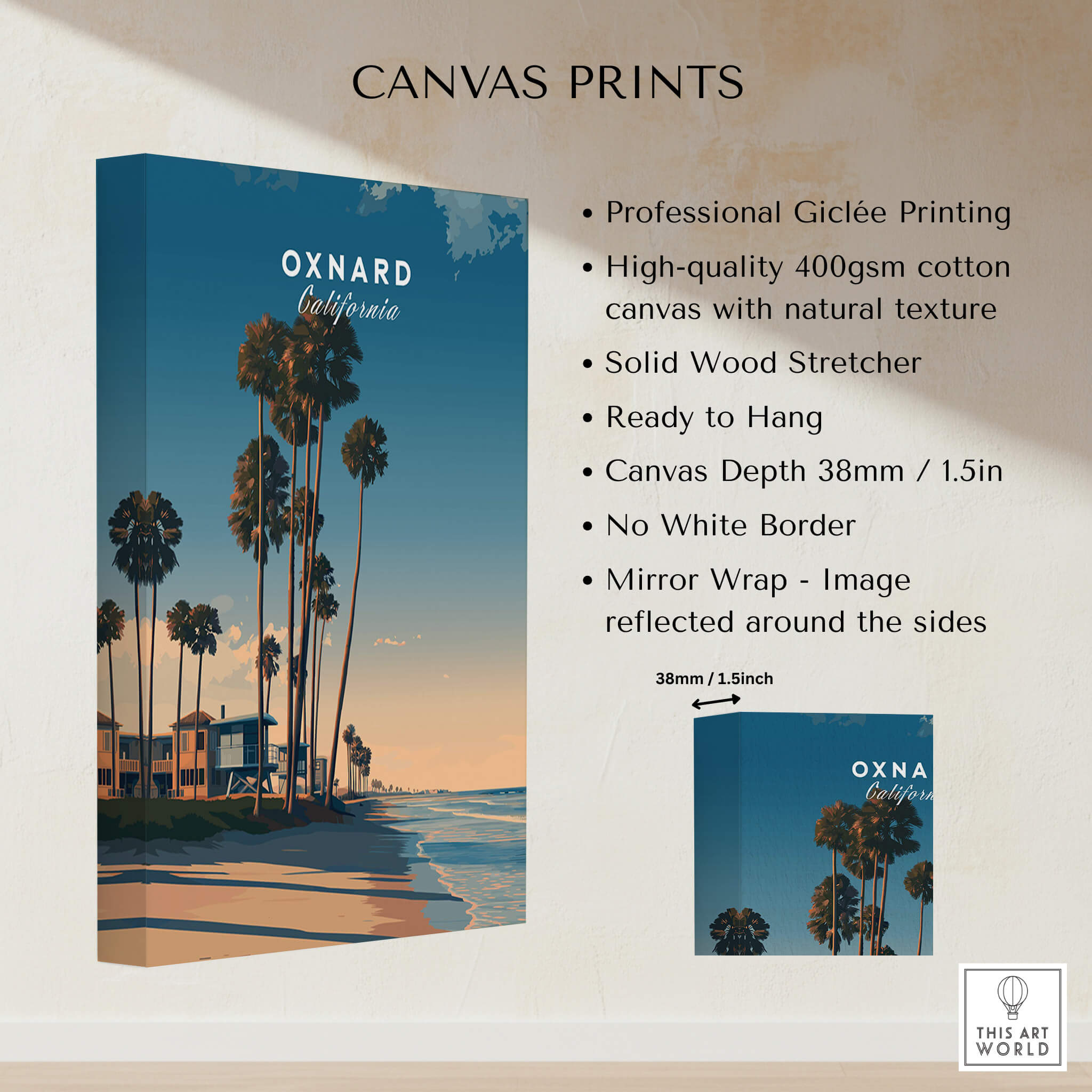 Oxnard California Wall Art Print | Pacific Coast Palms Travel Poster featuring palm trees and beach scene.