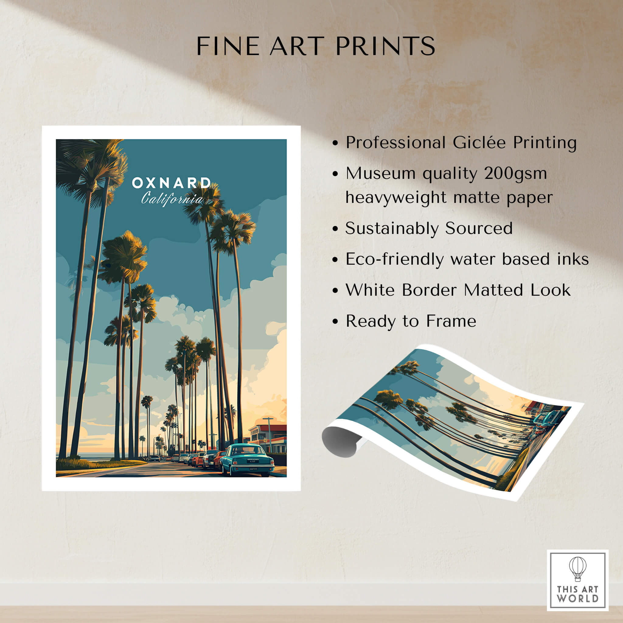 Oxnard California Wall Art Print | Palm Tree Lined Coastal Travel Poster showcasing professional Giclée printing.