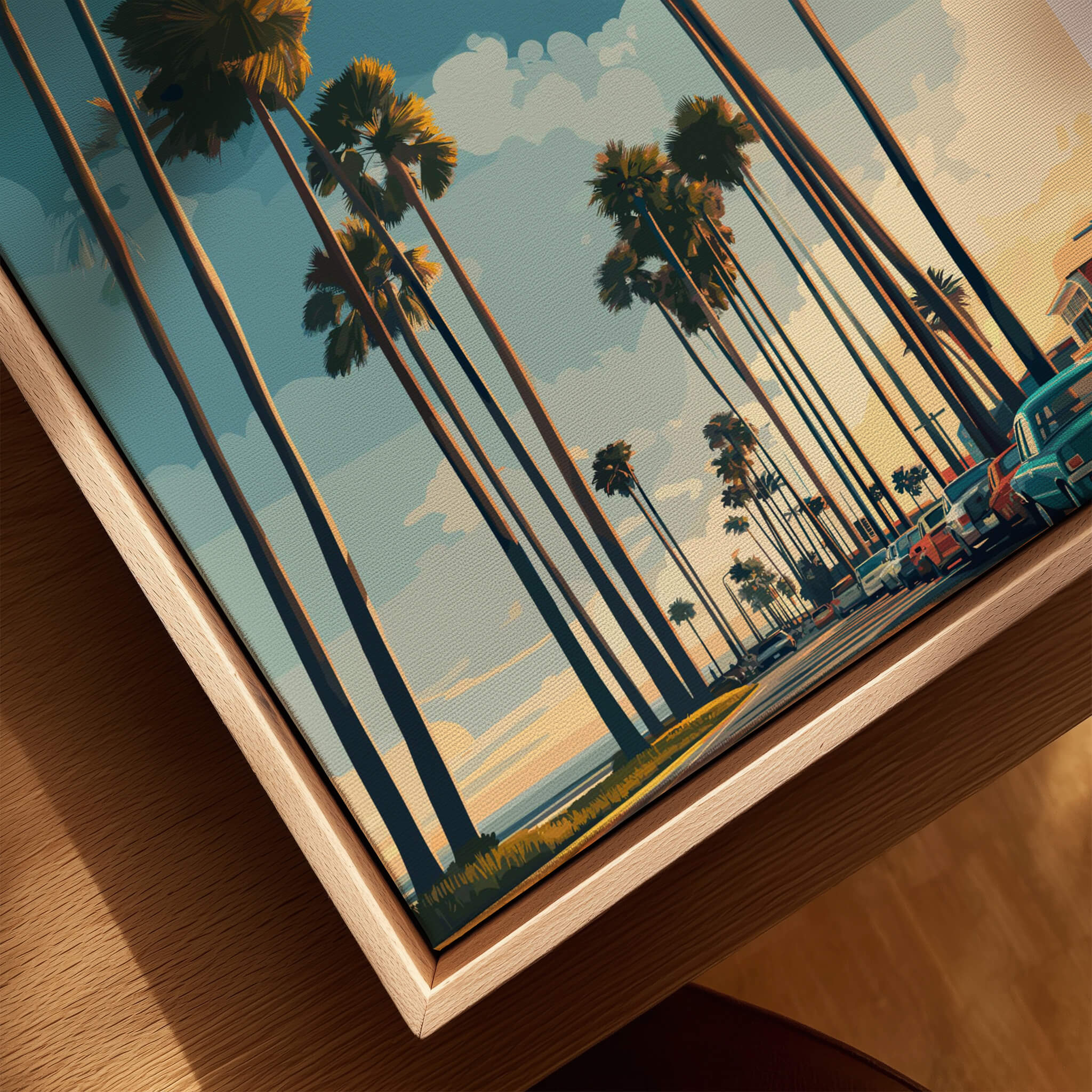 Oxnard California Wall Art Print | Palm Tree Lined Coastal Travel Poster showcasing palm trees by the beach.