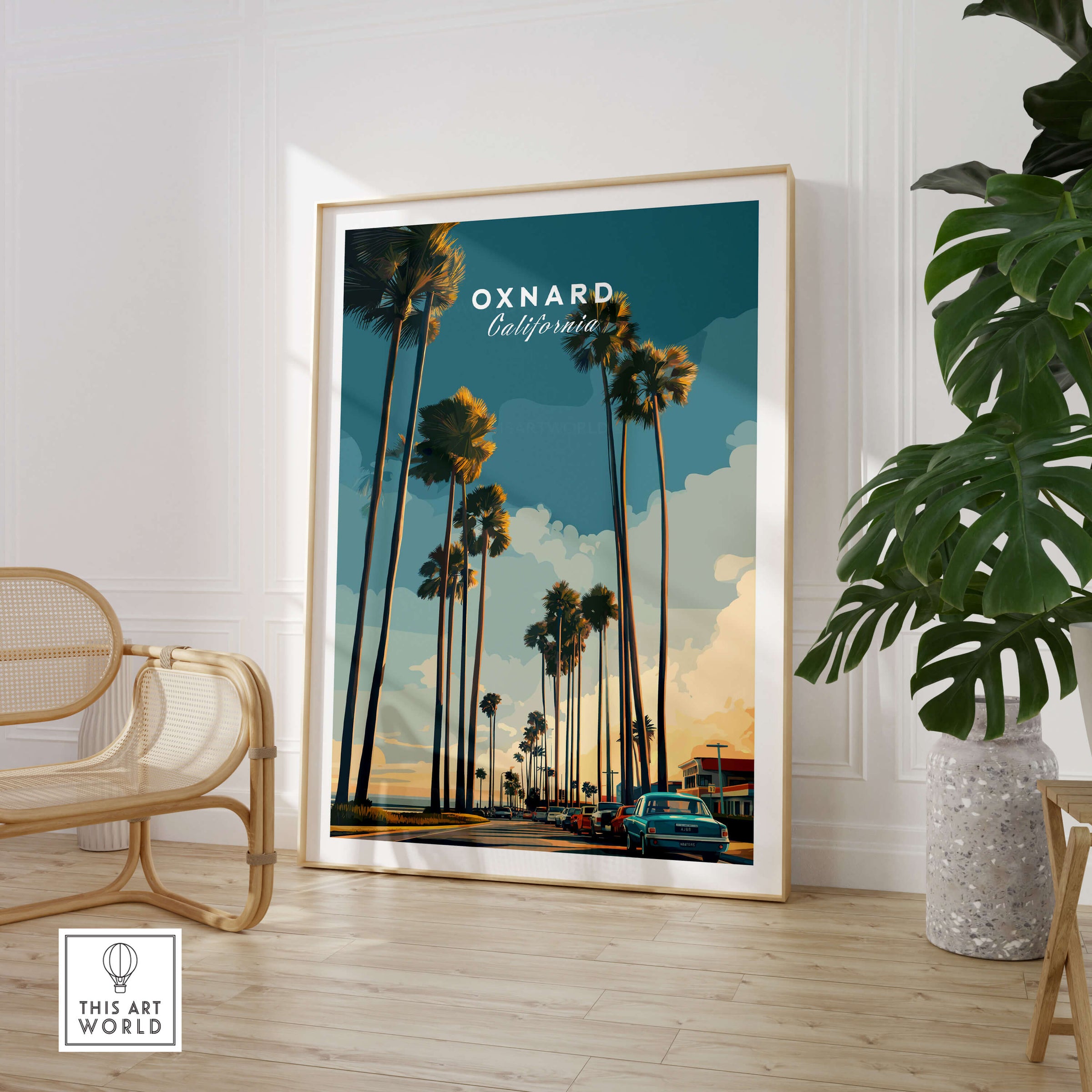 Oxnard California Wall Art Print | Palm Tree Lined Coastal Travel Poster featuring tropical palms and beachscape.