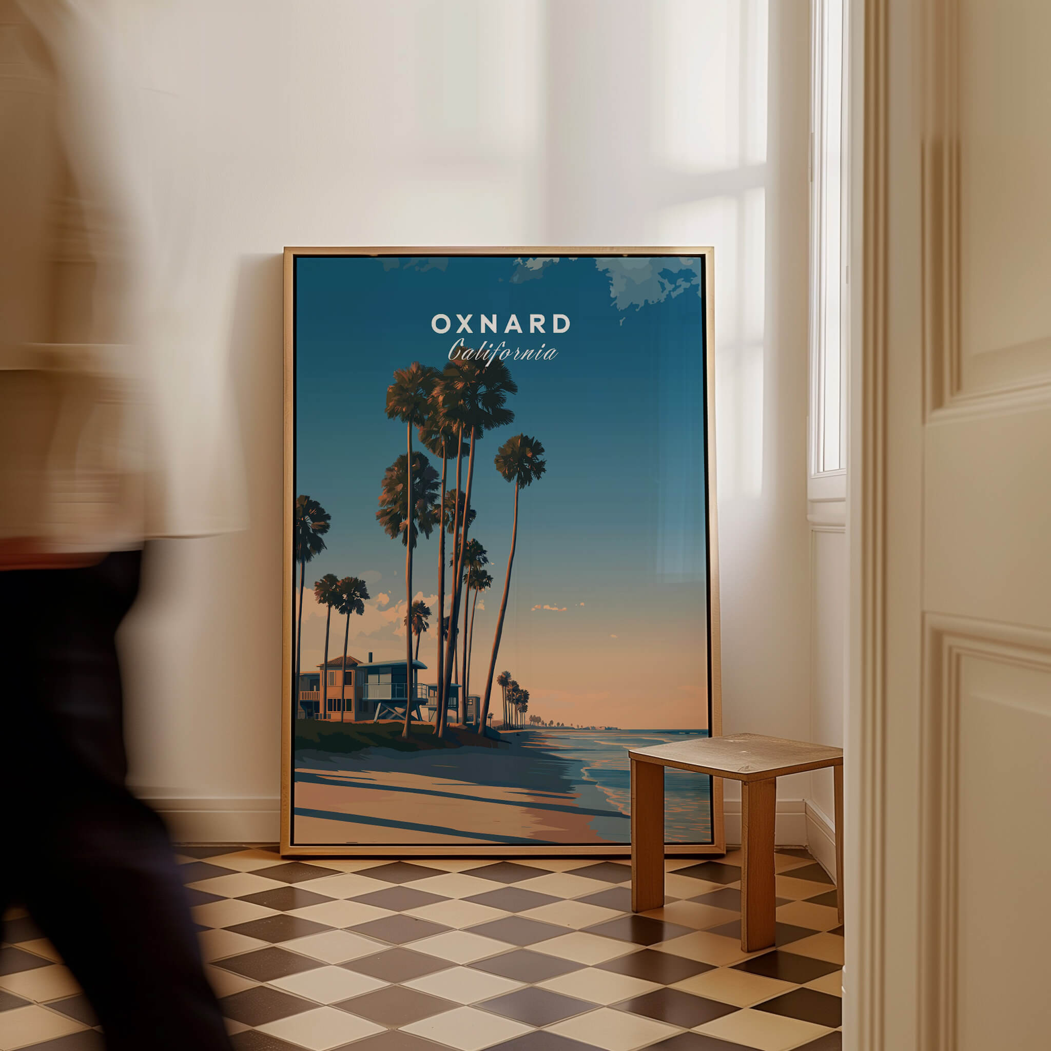 Oxnard California Wall Art Print | Pacific Coast Palms Travel Poster displayed in a stylish interior setting.