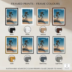 Oxnard California Wall Art Print | Pacific Coast Palms Travel Poster framed in various colors including black, white, and gold.