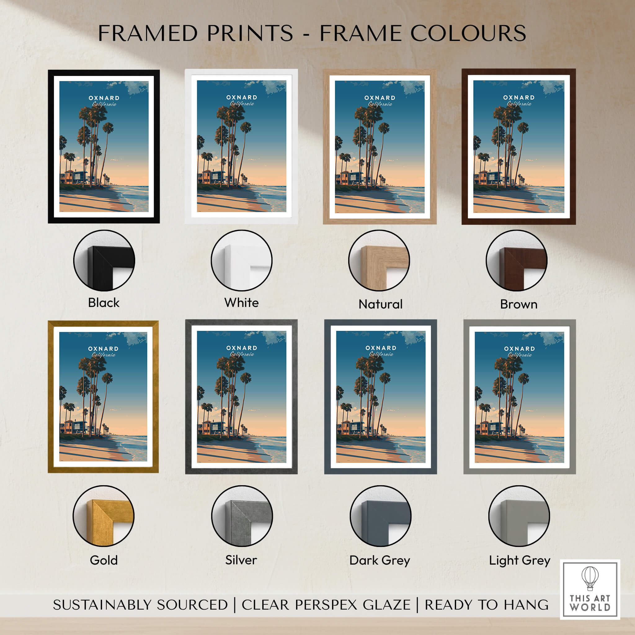 Oxnard California Wall Art Print | Pacific Coast Palms Travel Poster framed in various colors including black, white, and gold.