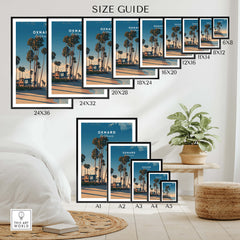 Oxnard California Wall Art Print | Pacific Coast Palms Travel Poster size guide displaying various print dimensions.