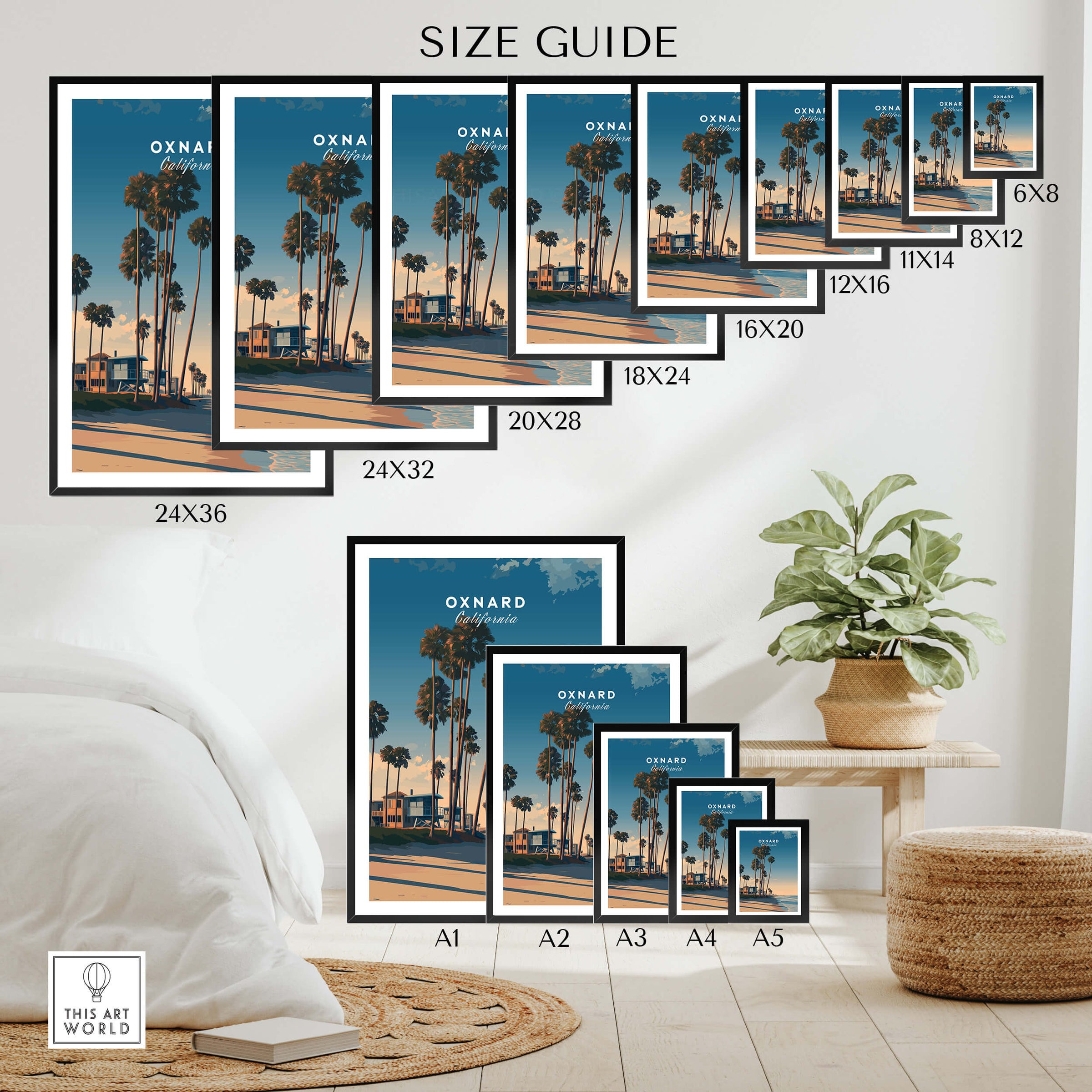 Oxnard California Wall Art Print | Pacific Coast Palms Travel Poster size guide displaying various print dimensions.