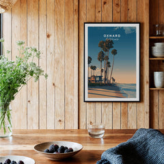 Oxnard California Wall Art Print | Pacific Coast Palms Travel Poster featuring palm trees and beach vibes in a cozy interior setting.
