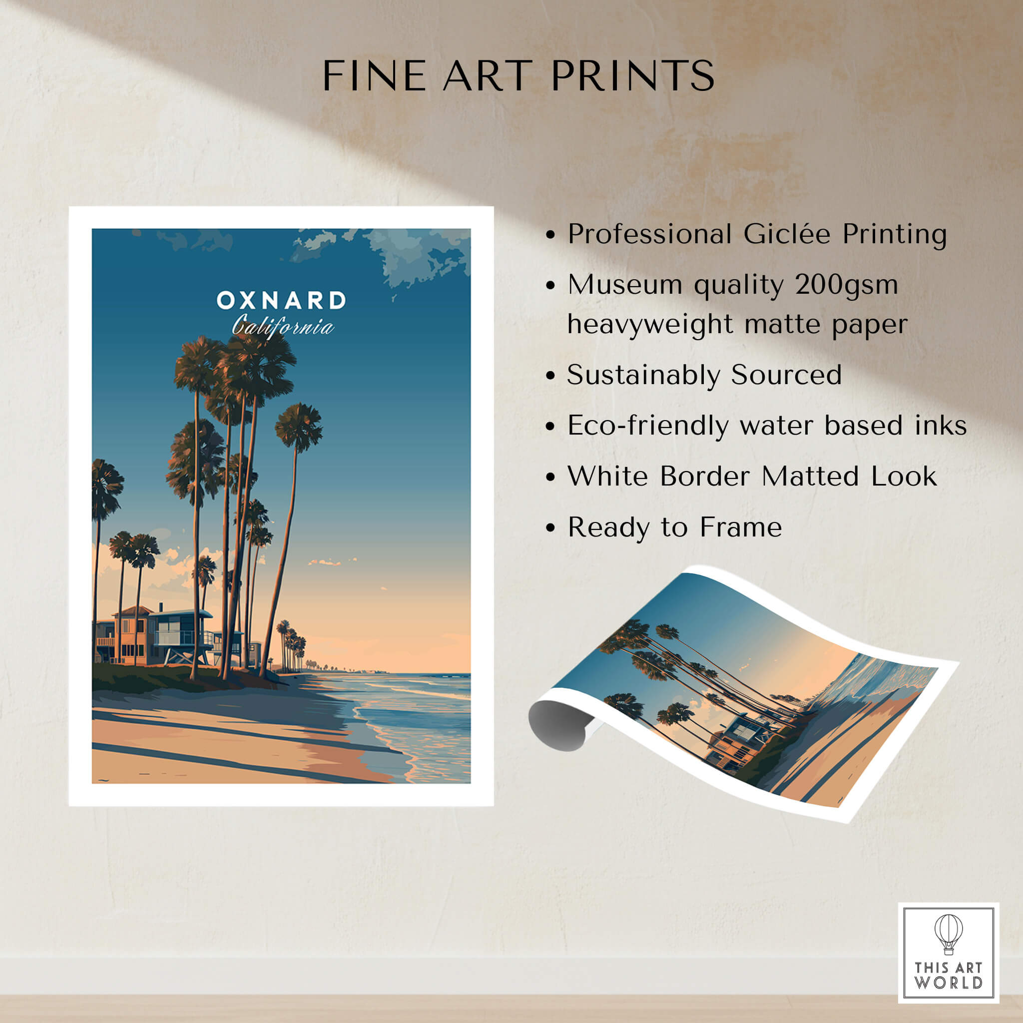 Oxnard California Wall Art Print | Pacific Coast Palms Travel Poster showcasing palm trees and serene beach colors.