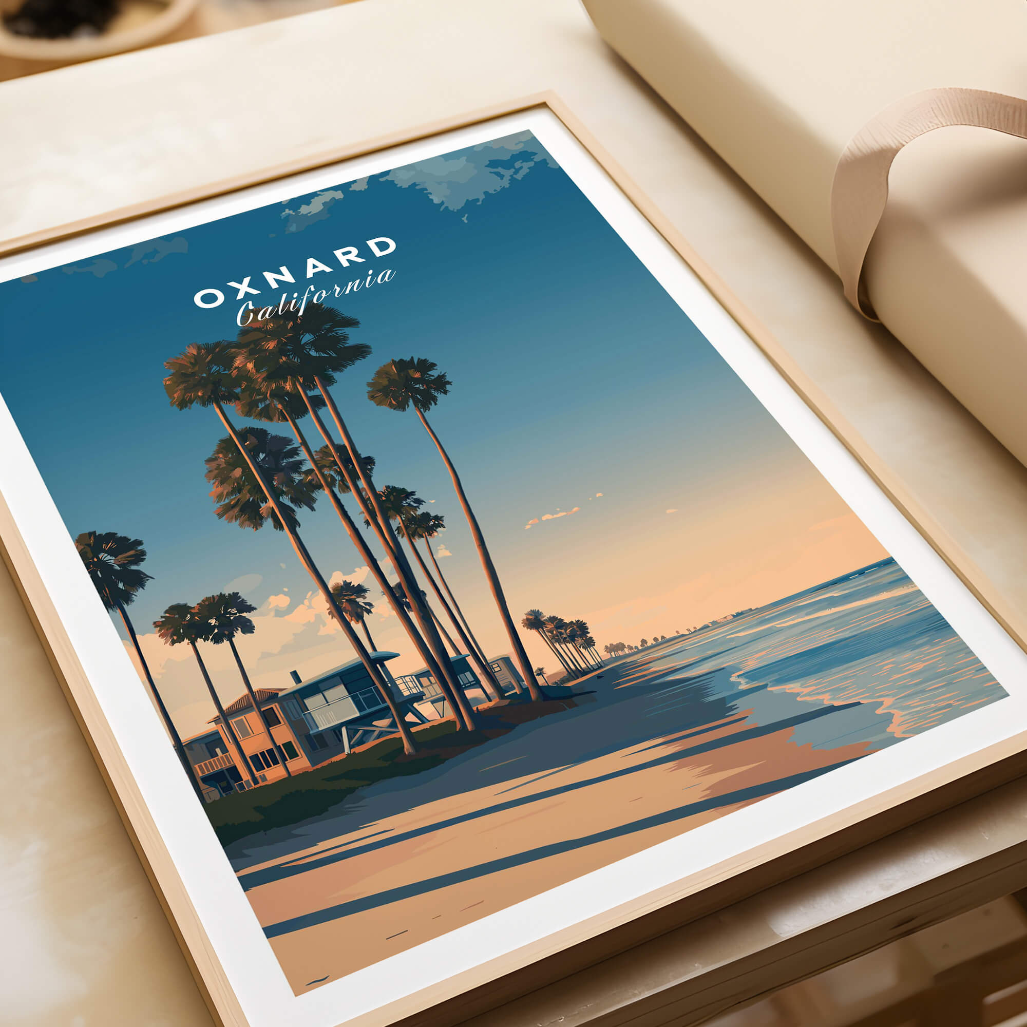 Oxnard California Wall Art Print | Pacific Coast Palms Travel Poster showcasing palm trees and a sunset beach scene.