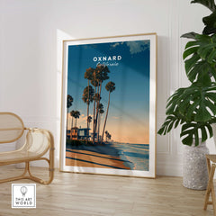 Oxnard California Wall Art Print | Pacific Coast Palms Travel Poster featuring palm trees and beach sunset.