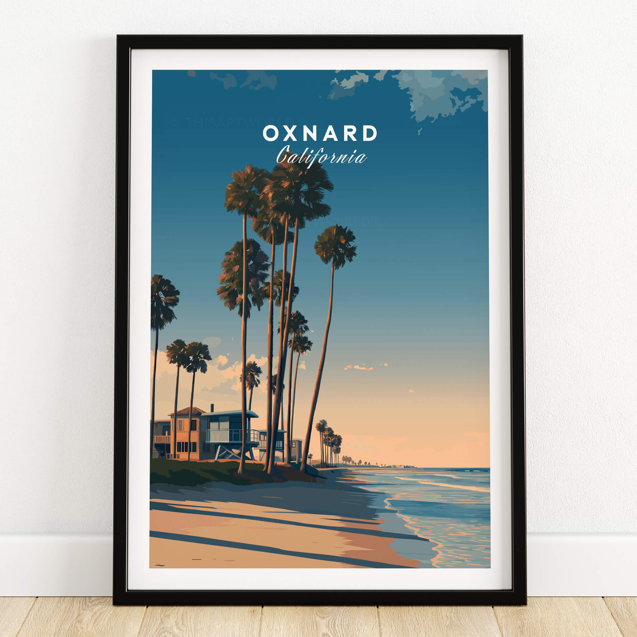 Oxnard California Wall Art Print | Pacific Coast Palms Travel Poster showcasing palm trees and serene beach at sunset.
