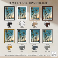 Oxnard California Wall Art Print | Palm Tree Lined Coastal Travel Poster framed in various colors.