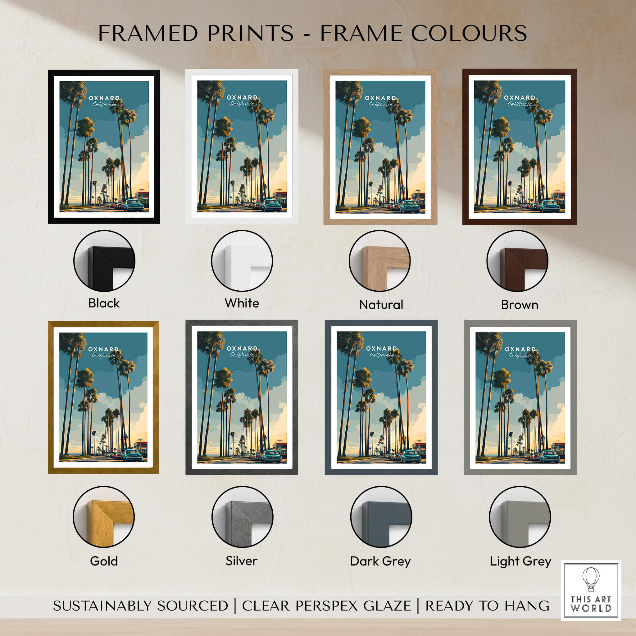 Oxnard California Wall Art Print | Palm Tree Lined Coastal Travel Poster framed in various colors.