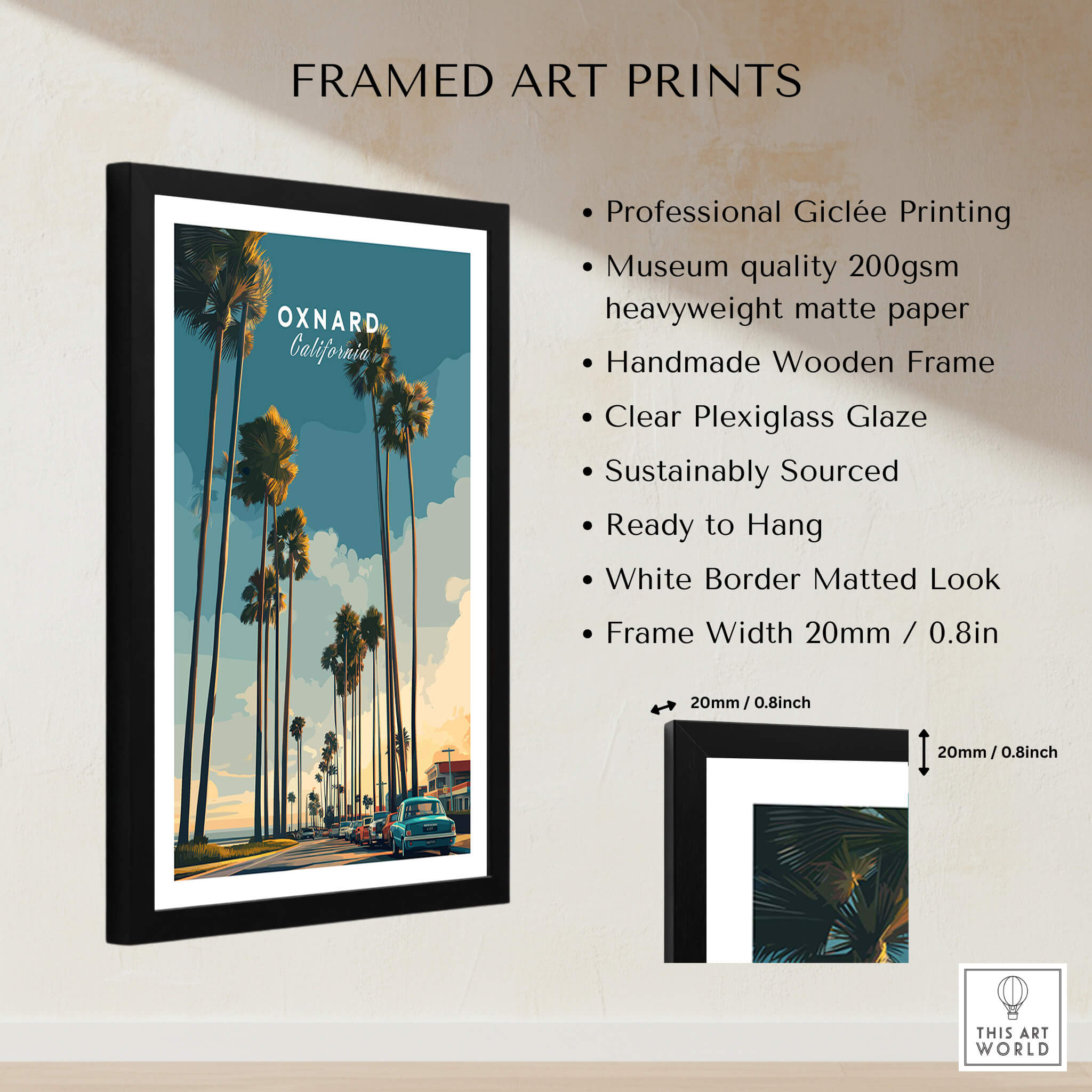 Oxnard California Wall Art Print | Palm Tree Lined Coastal Travel Poster framed with black frame and clear plexiglass.