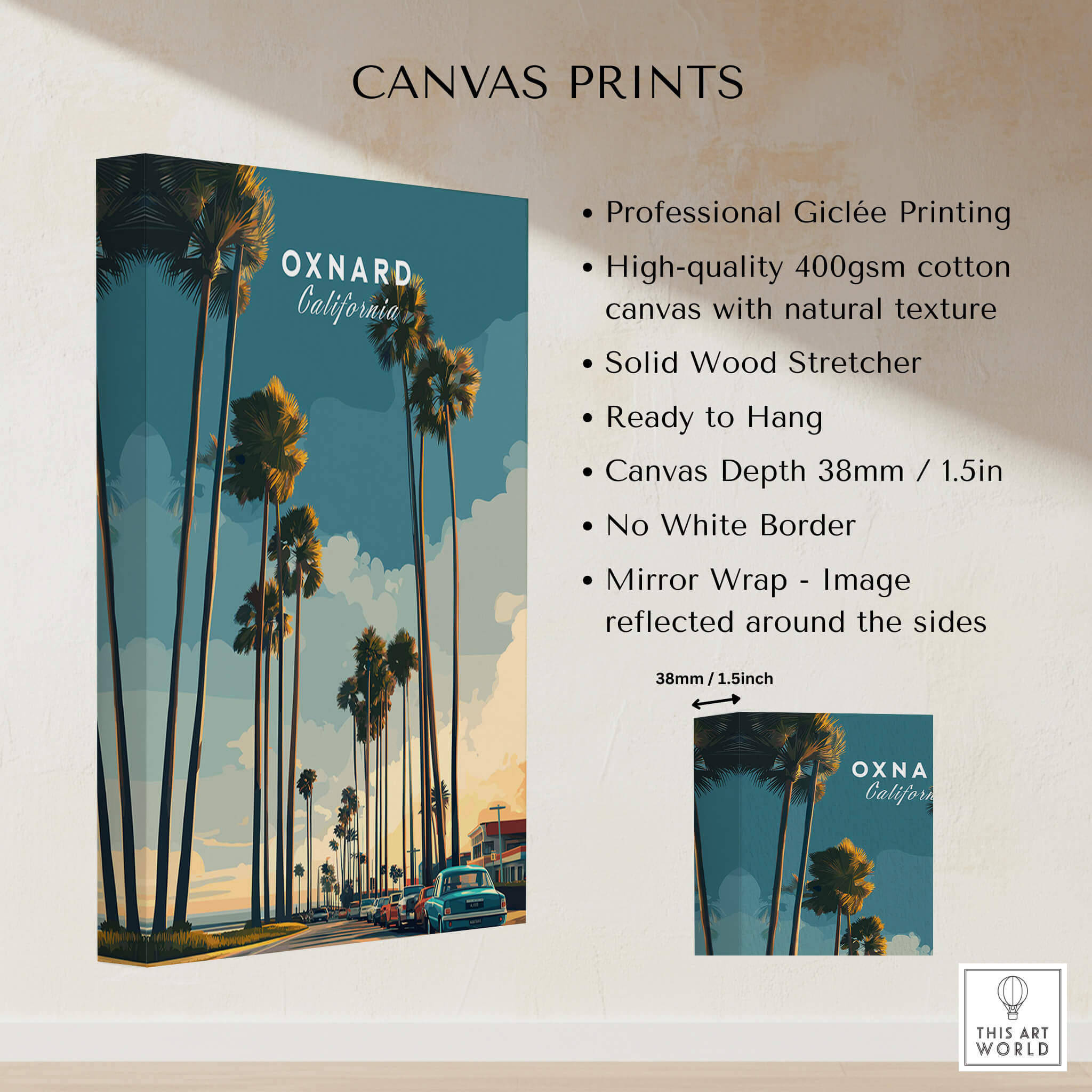 Oxnard California Wall Art Print | Palm Tree Lined Coastal Travel Poster canvas print details with palm trees.