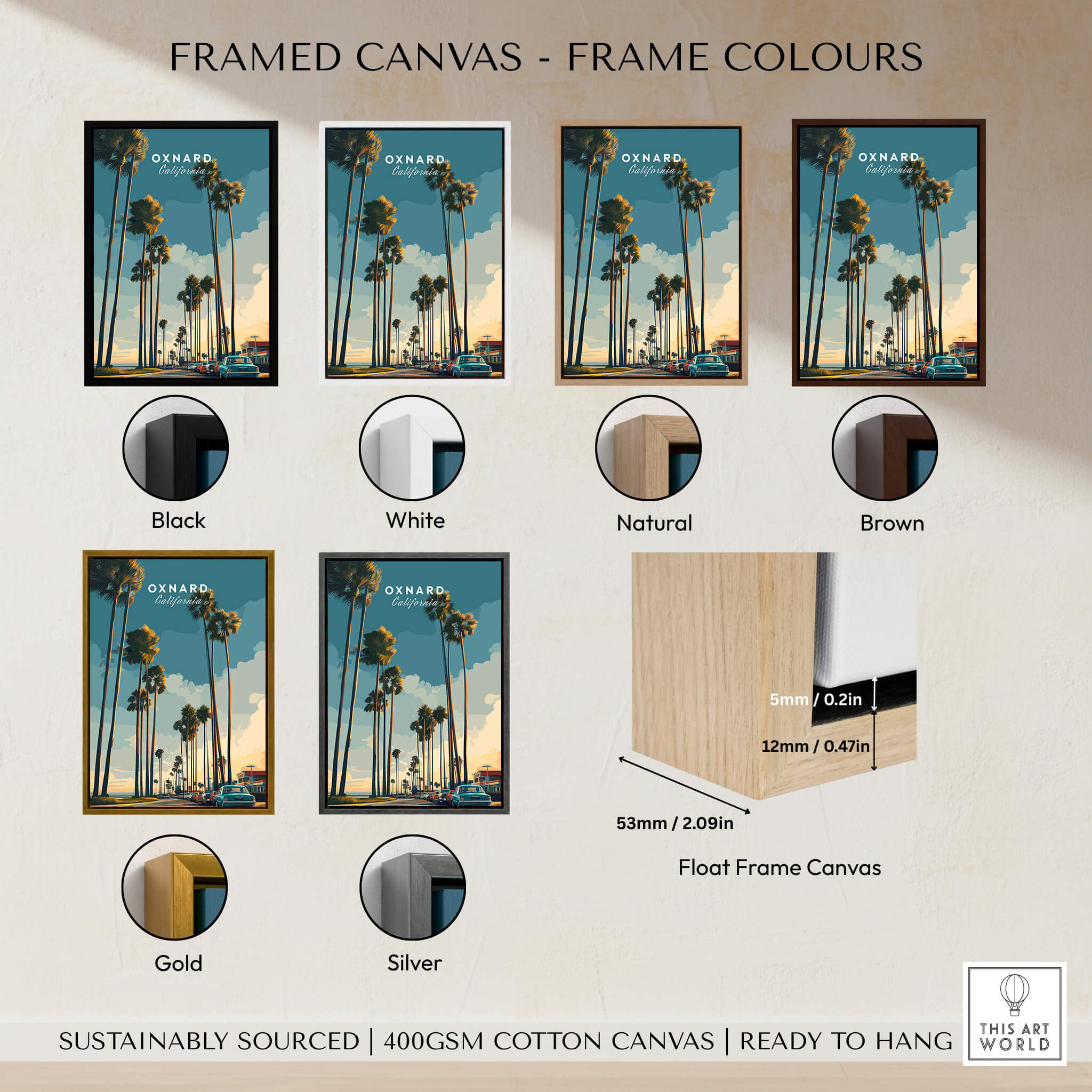 Oxnard California Wall Art Print | Palm Tree Lined Coastal Travel Poster with frame color options.