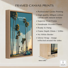 Oxnard California Wall Art Print | Palm Tree Lined Coastal Travel Poster displayed in a modern wooden frame.