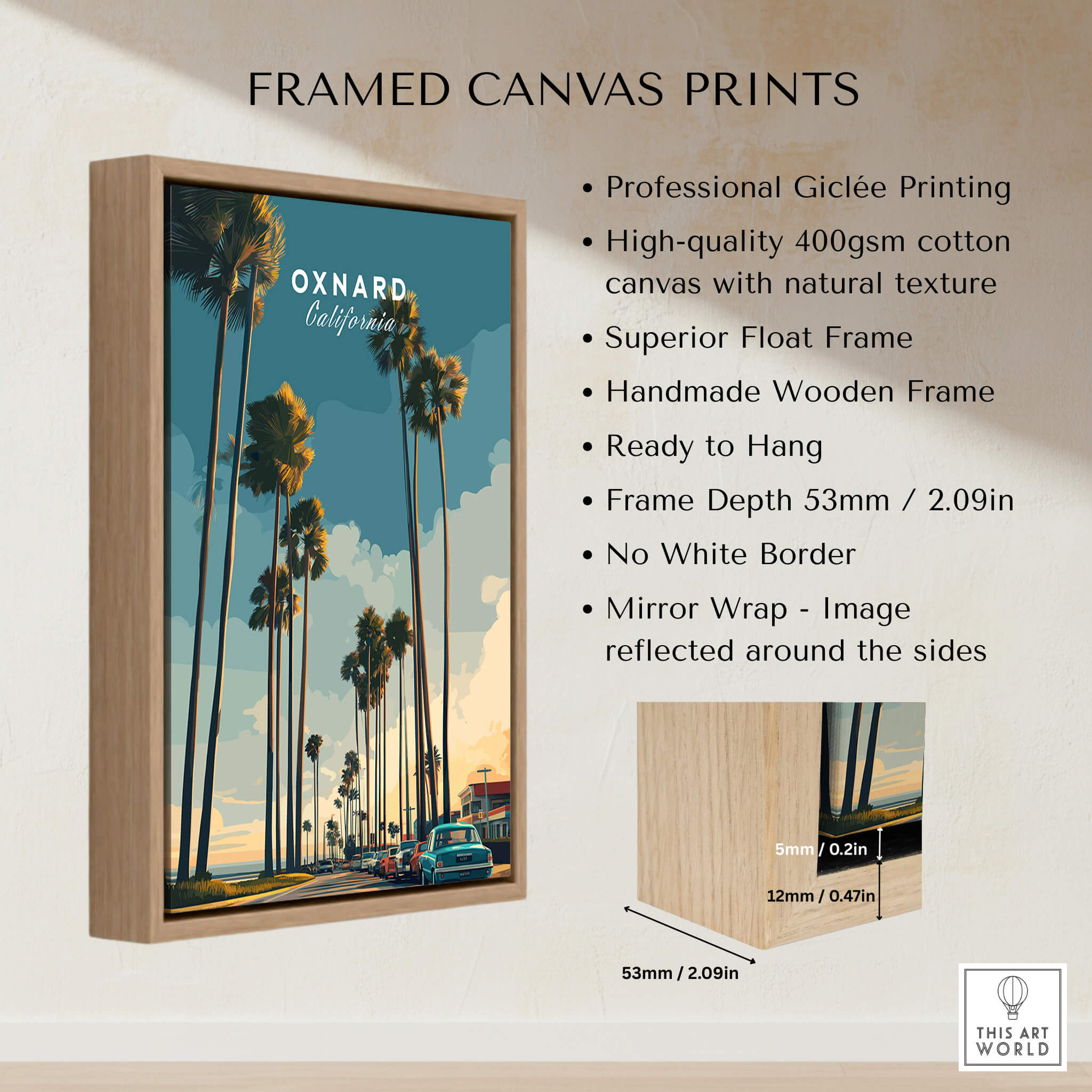 Oxnard California Wall Art Print | Palm Tree Lined Coastal Travel Poster displayed in a modern wooden frame.