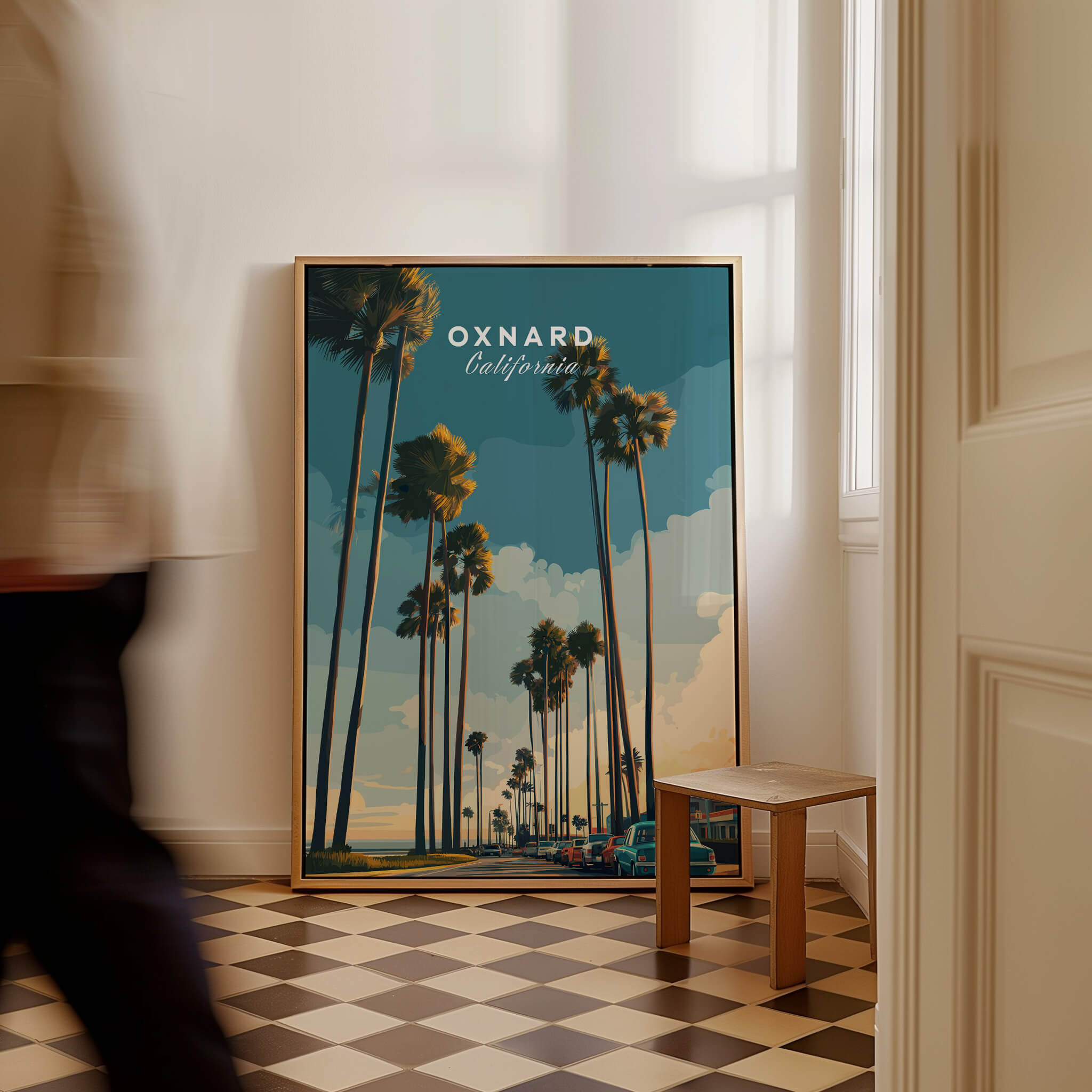 Oxnard California Wall Art Print | Palm Tree Lined Coastal Travel Poster displayed in a stylish interior setting.