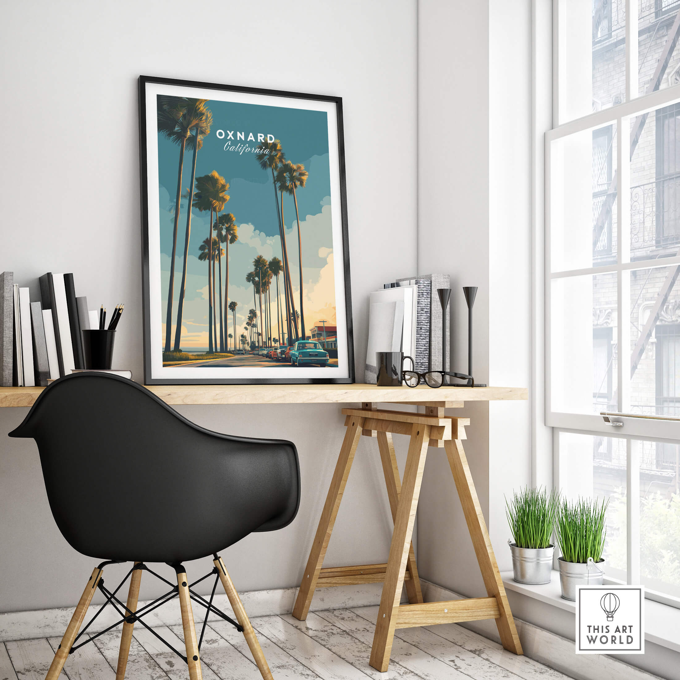 Oxnard California Wall Art Print | Palm Tree Lined Coastal Travel Poster displayed in a modern home office setup.