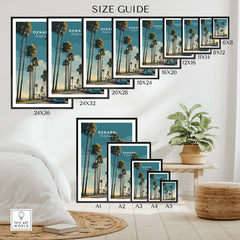 Oxnard California Wall Art Print | Palm Tree Lined Coastal Travel Poster size guide showcasing various frame sizes.