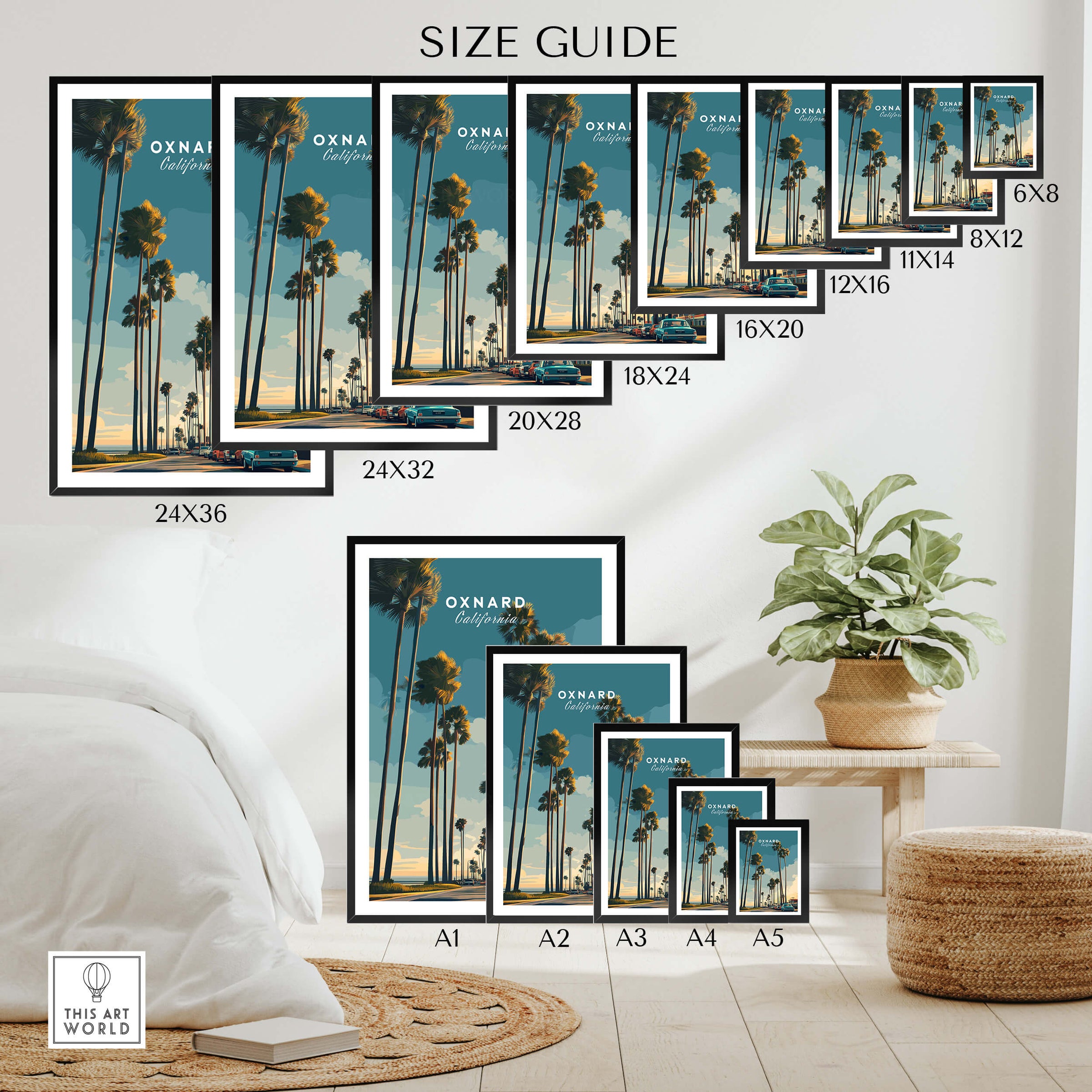 Oxnard California Wall Art Print | Palm Tree Lined Coastal Travel Poster size guide showcasing various frame sizes.