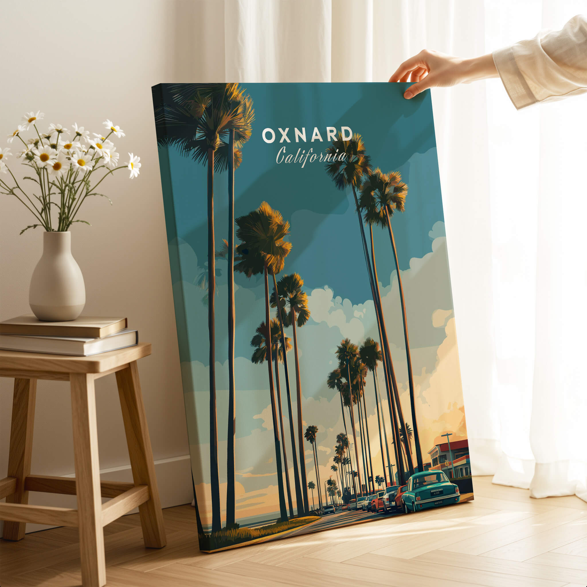 Oxnard California Wall Art Print | Palm Tree Lined Coastal Travel Poster showcasing palm trees and a serene coastal scene.