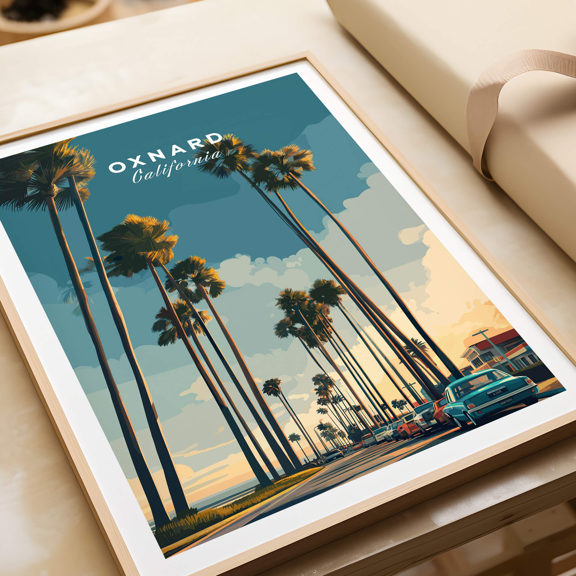 Oxnard California Wall Art Print | Palm Tree Lined Coastal Travel Poster featuring palm trees and vintage cars.