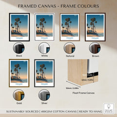 Oxnard Poster | California Beach House Sunset Canvas Print with various frame color options, including Black, White, Natural, Brown, Gold, and Silver.
