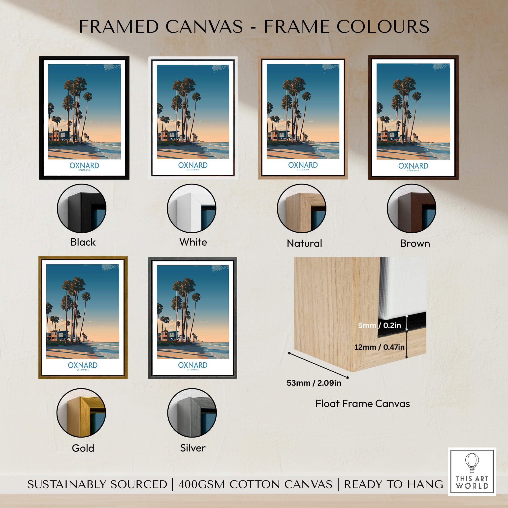 Oxnard Poster | California Beach House Sunset Canvas Print with various frame color options, including Black, White, Natural, Brown, Gold, and Silver.
