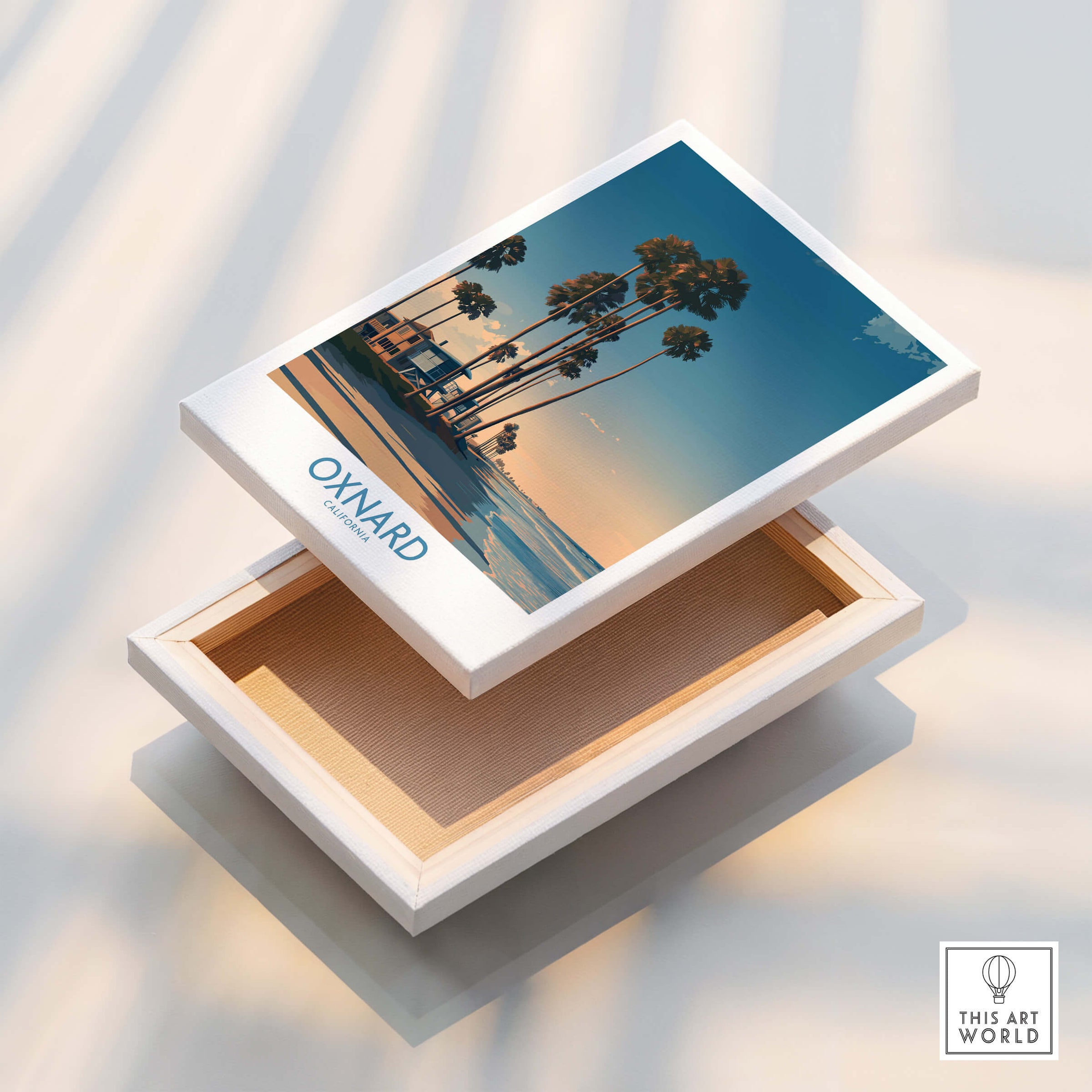 Oxnard Poster | California Beach House Sunset Canvas Print displayed on a white box, showcasing a serene coastal view.