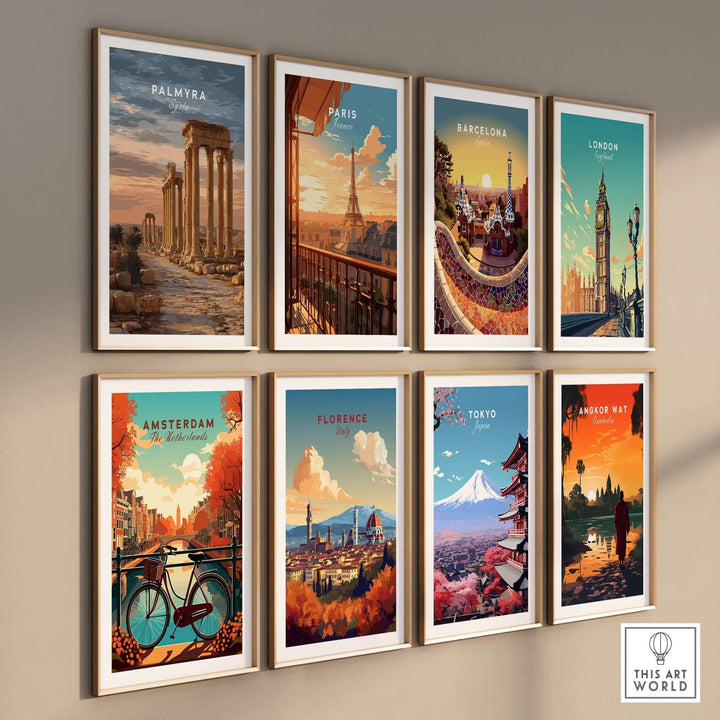 Gallery wall of travel art prints including Palmyra, Paris, Barcelona, London, Amsterdam, Florence, Tokyo, and Angkor Wat.