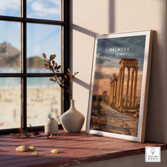 Palmyra Art Print - Roman Columns Poster - Syrian Desert Wall Decor displayed on a window sill with a beach view.