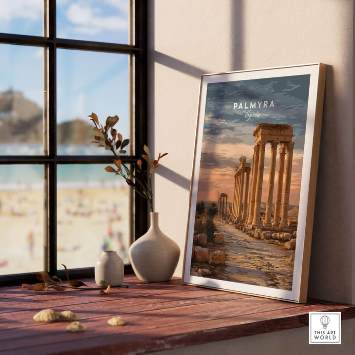 Palmyra art print showcasing Roman columns against a serene desert backdrop, perfect for wall decor.