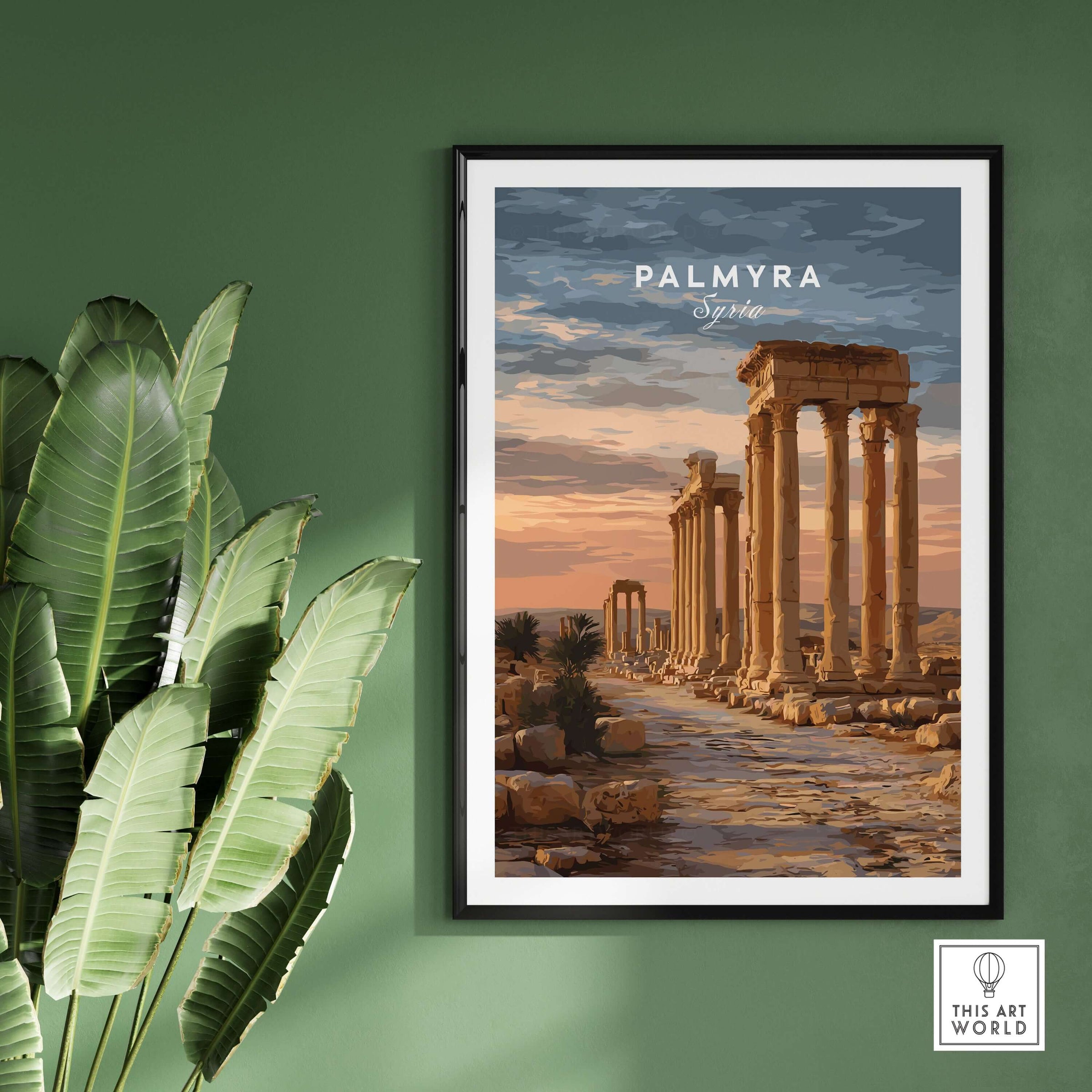 Palmyra Art Print - Roman Columns Poster - Syrian Desert Wall Decor displayed in a stylish setting with greenery.