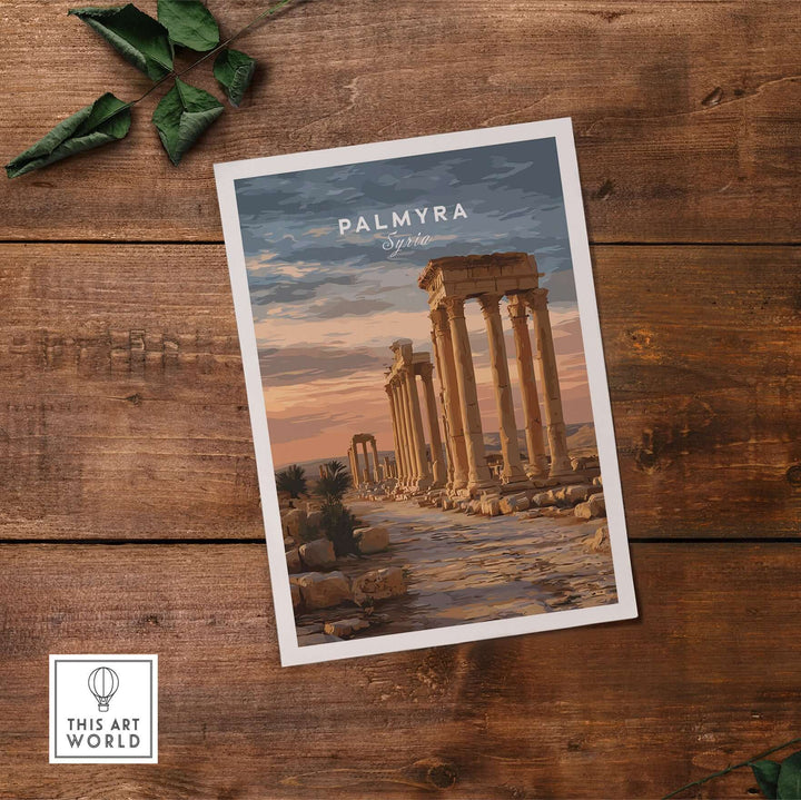 Palmyra art print featuring Roman columns against a serene Syrian desert background, ideal for wall decor.
