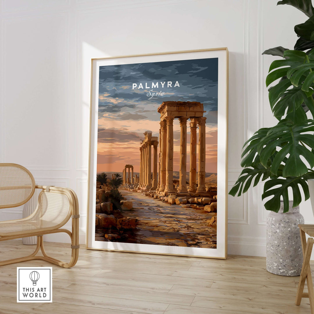 Palmyra art print featuring Roman columns at sunset, perfect for Syrian desert wall decor in elegant interior.