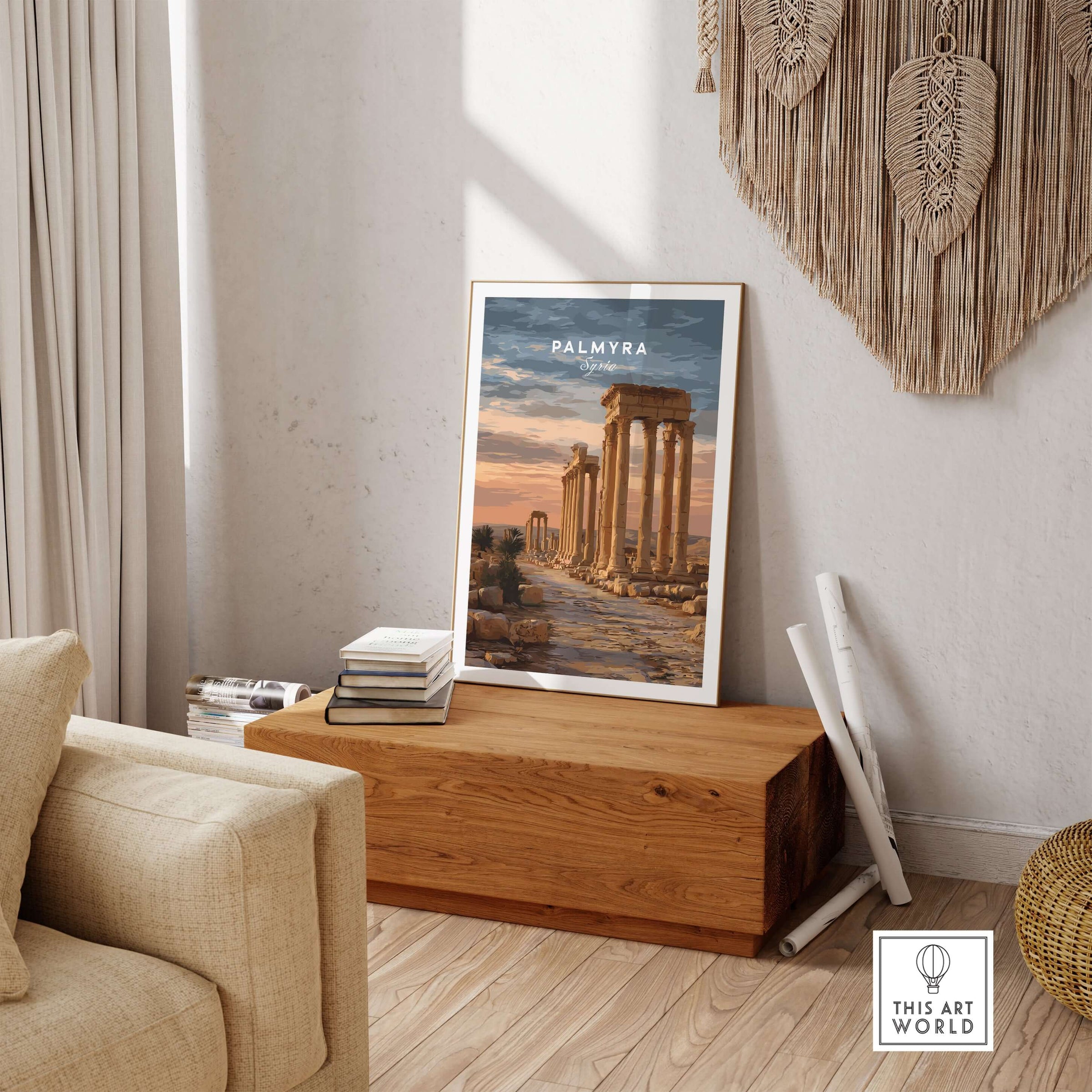 Palmyra Art Print - Roman Columns Poster - Syrian Desert Wall Decor displayed in a stylish living room.
