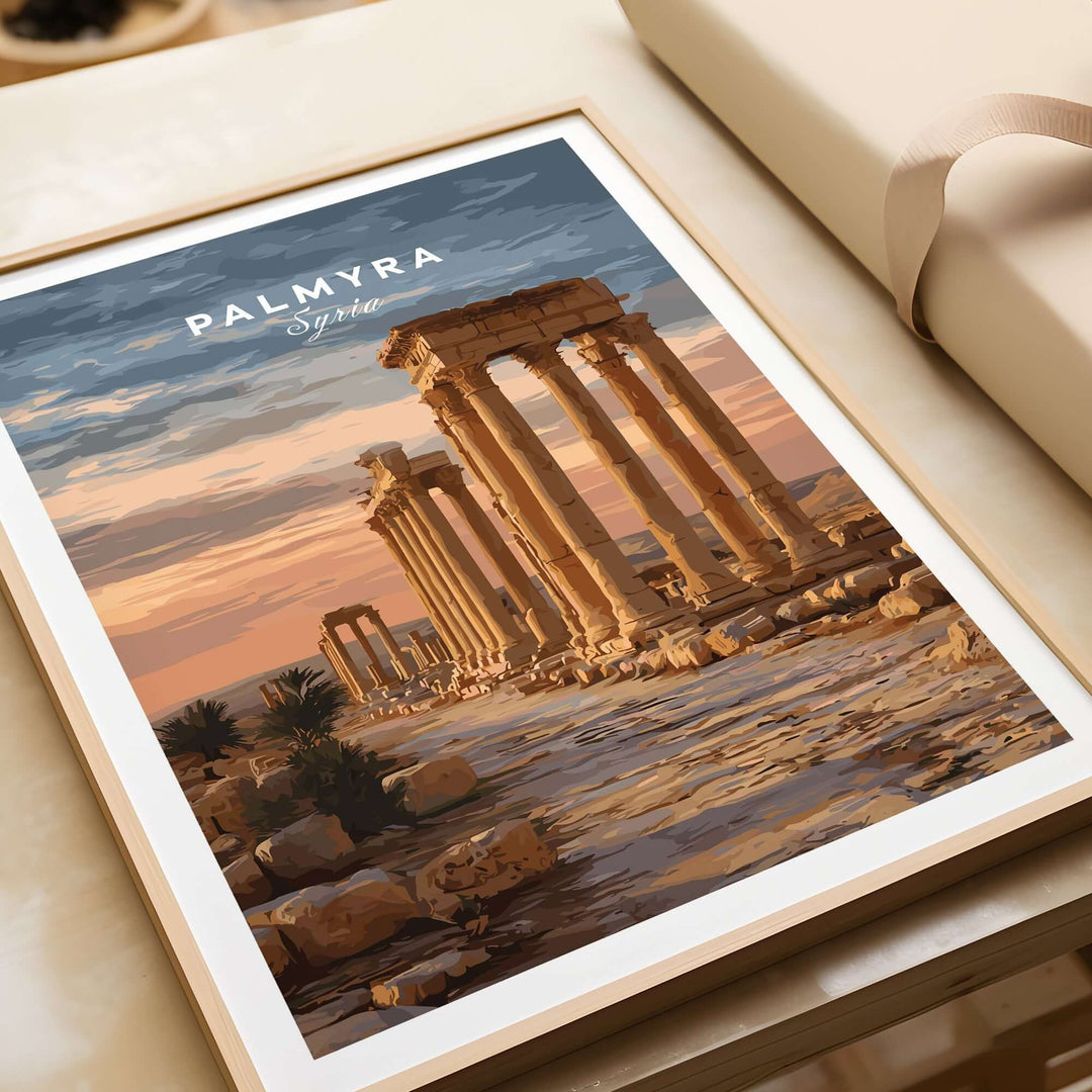 Palmyra art print featuring Roman columns at sunset, showcasing the beauty of Syrian desert architecture.