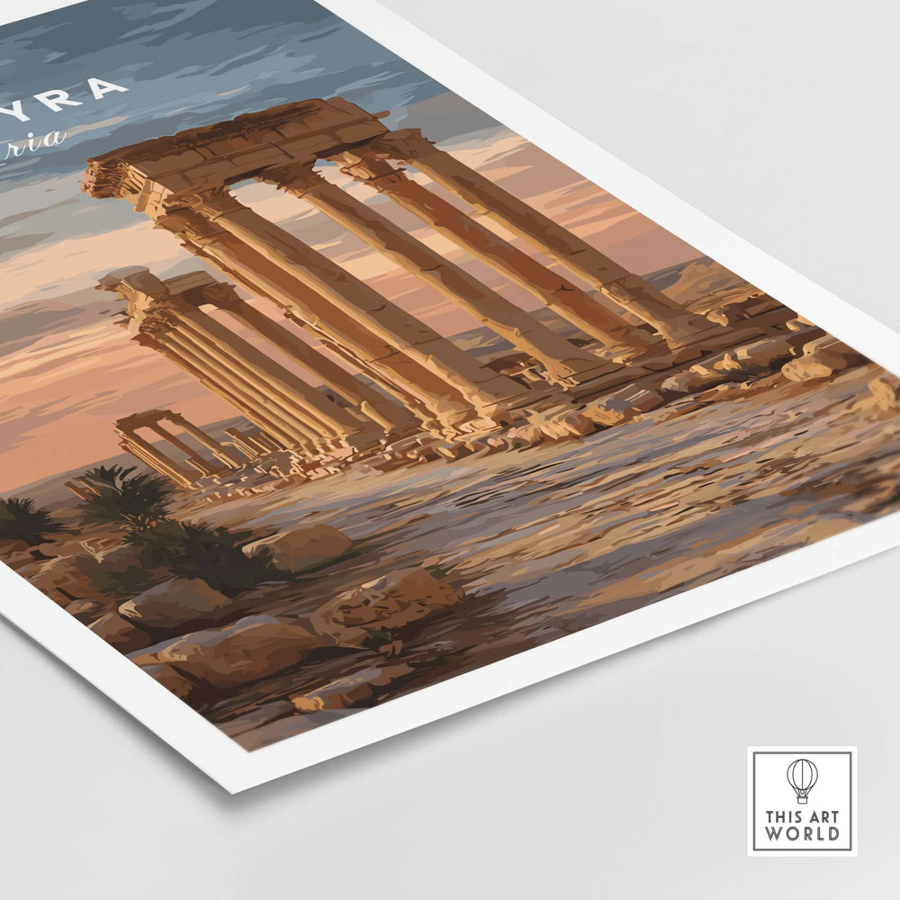 Palmyra art print featuring Roman columns at sunset, showcasing the beauty of ancient architecture in the Syrian desert.