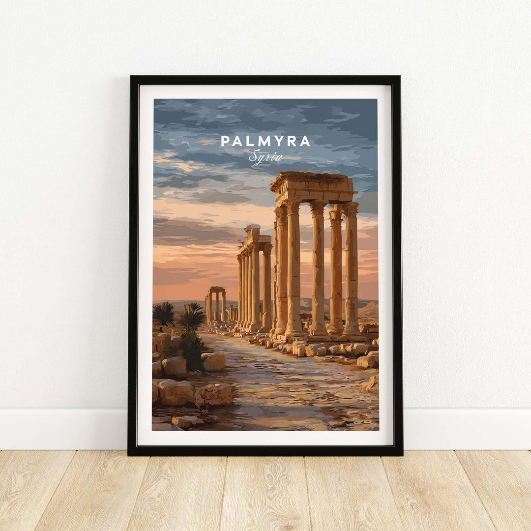 Palmyra art print featuring Roman columns at sunset in the Syrian desert, elegant wall decor for cultural enthusiasts.