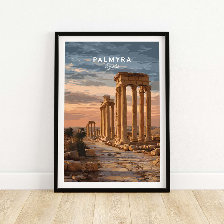 Palmyra art print featuring Roman columns at sunset in the Syrian desert, elegant wall decor for cultural enthusiasts.