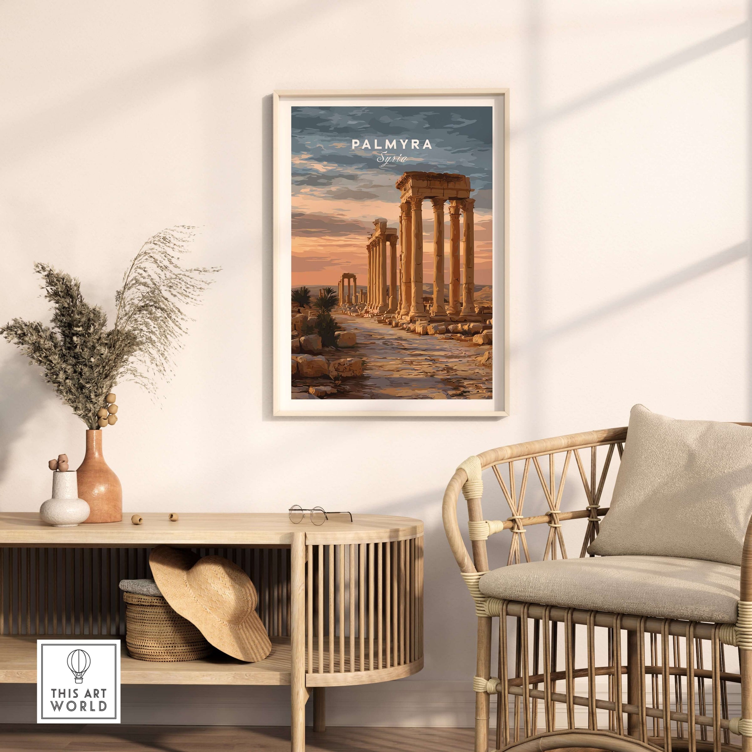 Palmyra Art Print - Roman Columns Poster - Syrian Desert Wall Decor displayed in a stylish interior featuring a cozy seating area.
