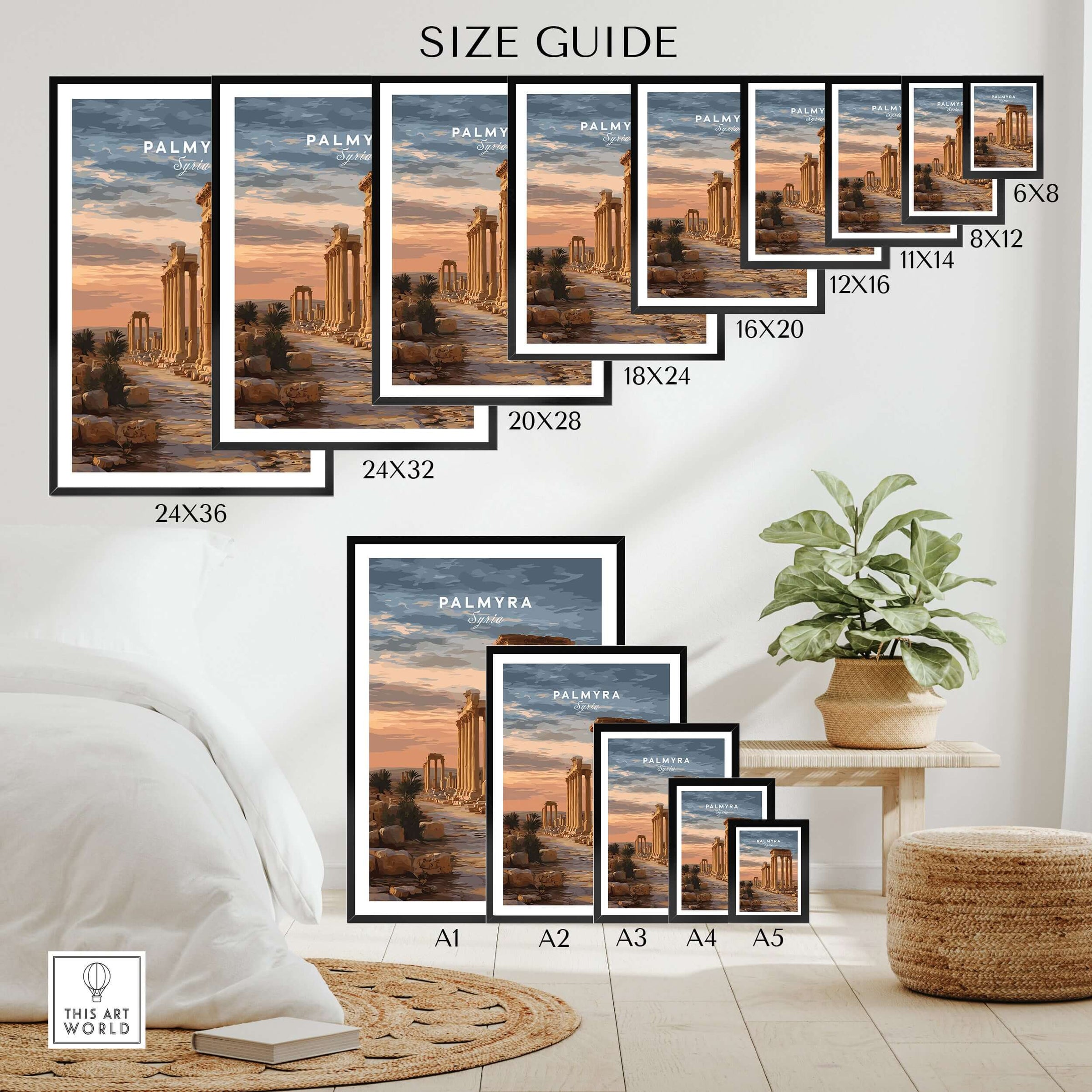 Palmyra Art Print - Roman Columns Poster - Syrian Desert Wall Decor Size Guide showcasing various frame dimensions.