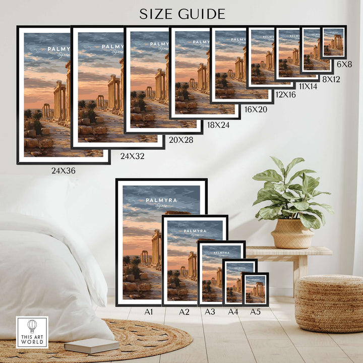 Size guide for Palmyra Art Print showing various frame sizes with Roman columns and desert backdrop.