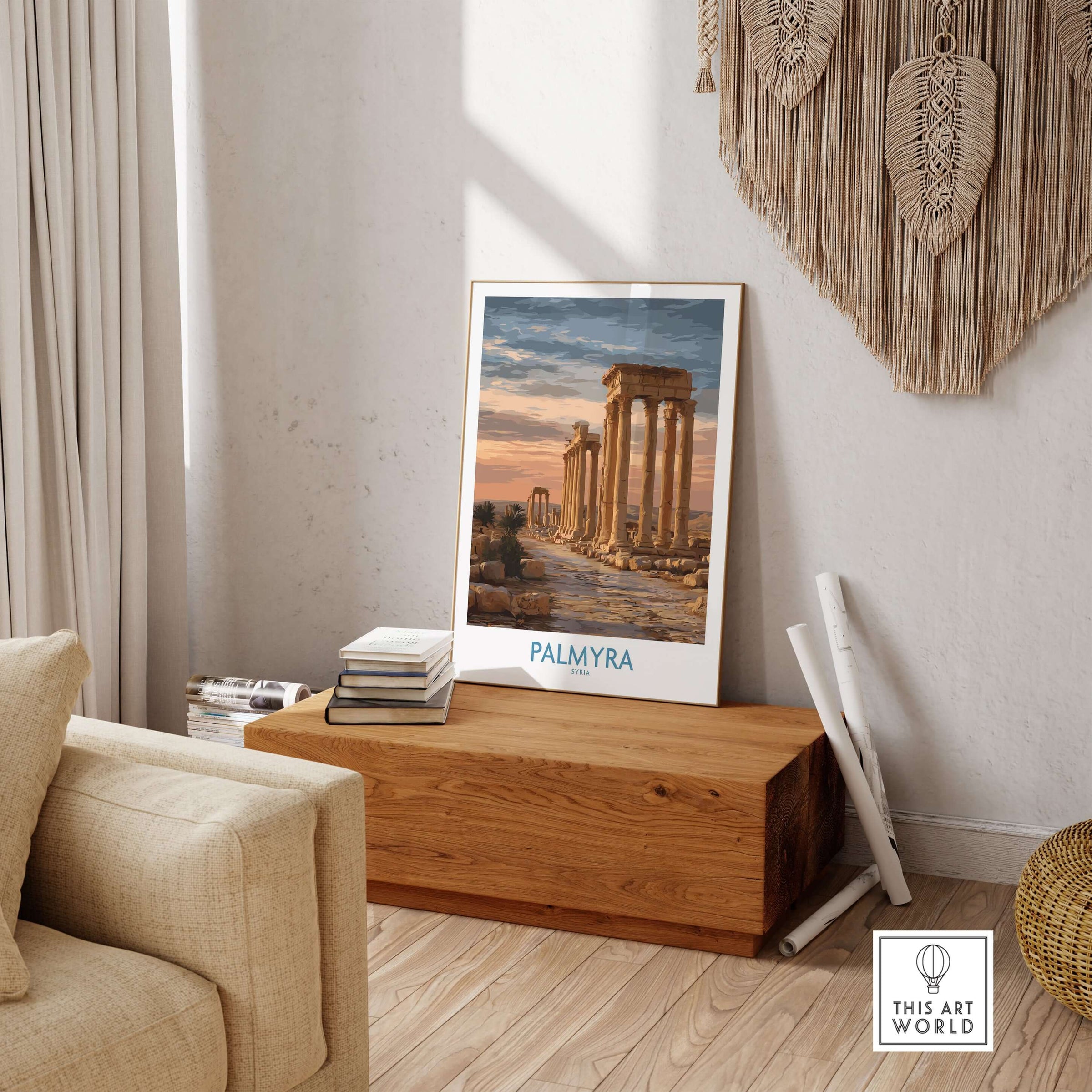 Palmyra Poster - Syria Architectural Art Print - Ancient History Wall Art displayed in a stylish living room decor.